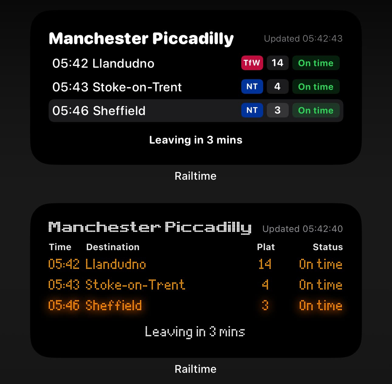 Railtime widget theme comparison